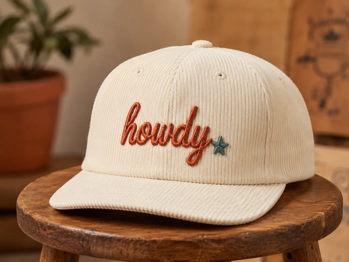 Corduroy cap with embroidered script lettering and a star