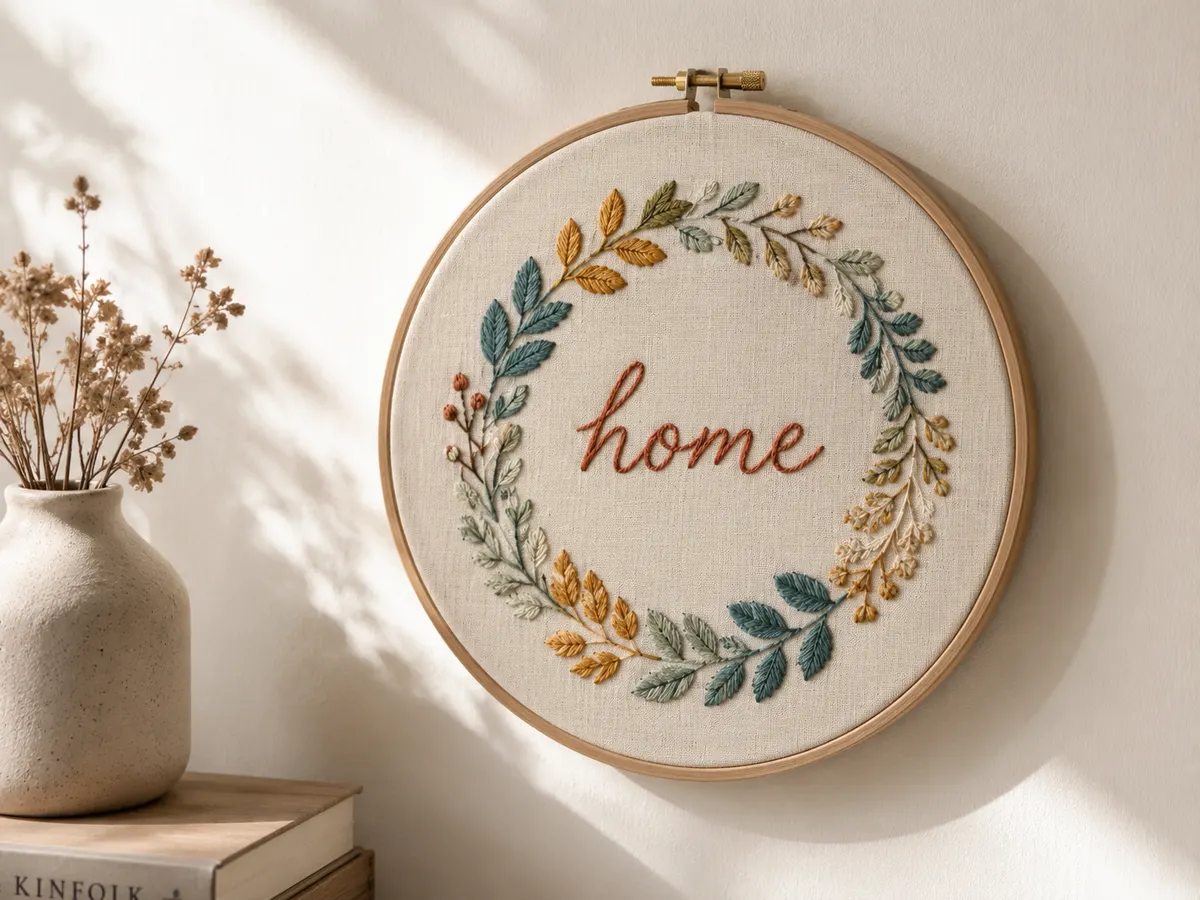 Framed embroidery hoop with lettering and a floral design
