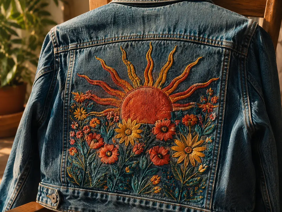 Denim jacket with an embroidered patch design