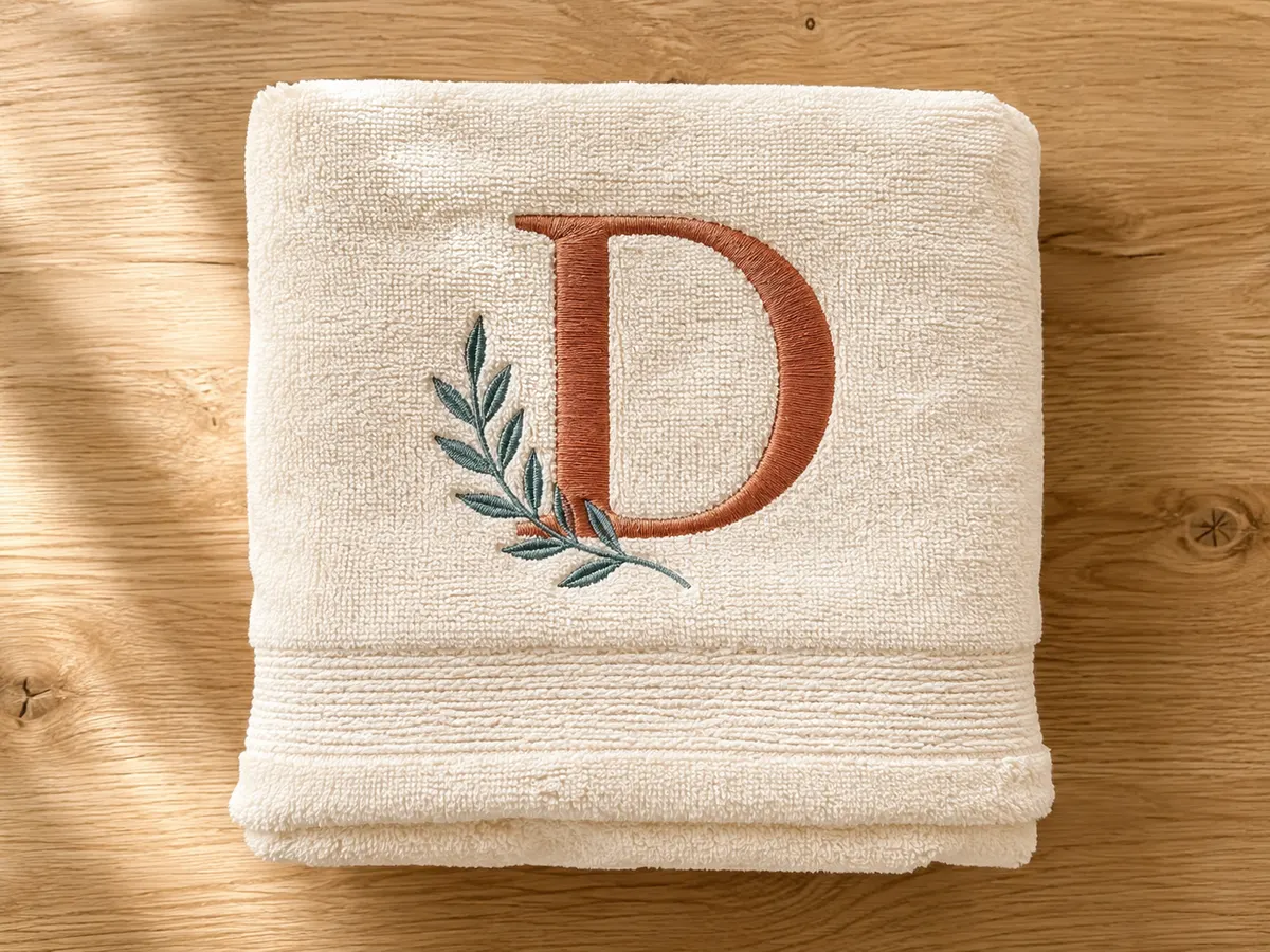 Folded towel with a monogram letter and a small leaf motif